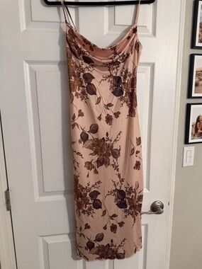 Blush Floral Slip Midi Dress with Brown Print